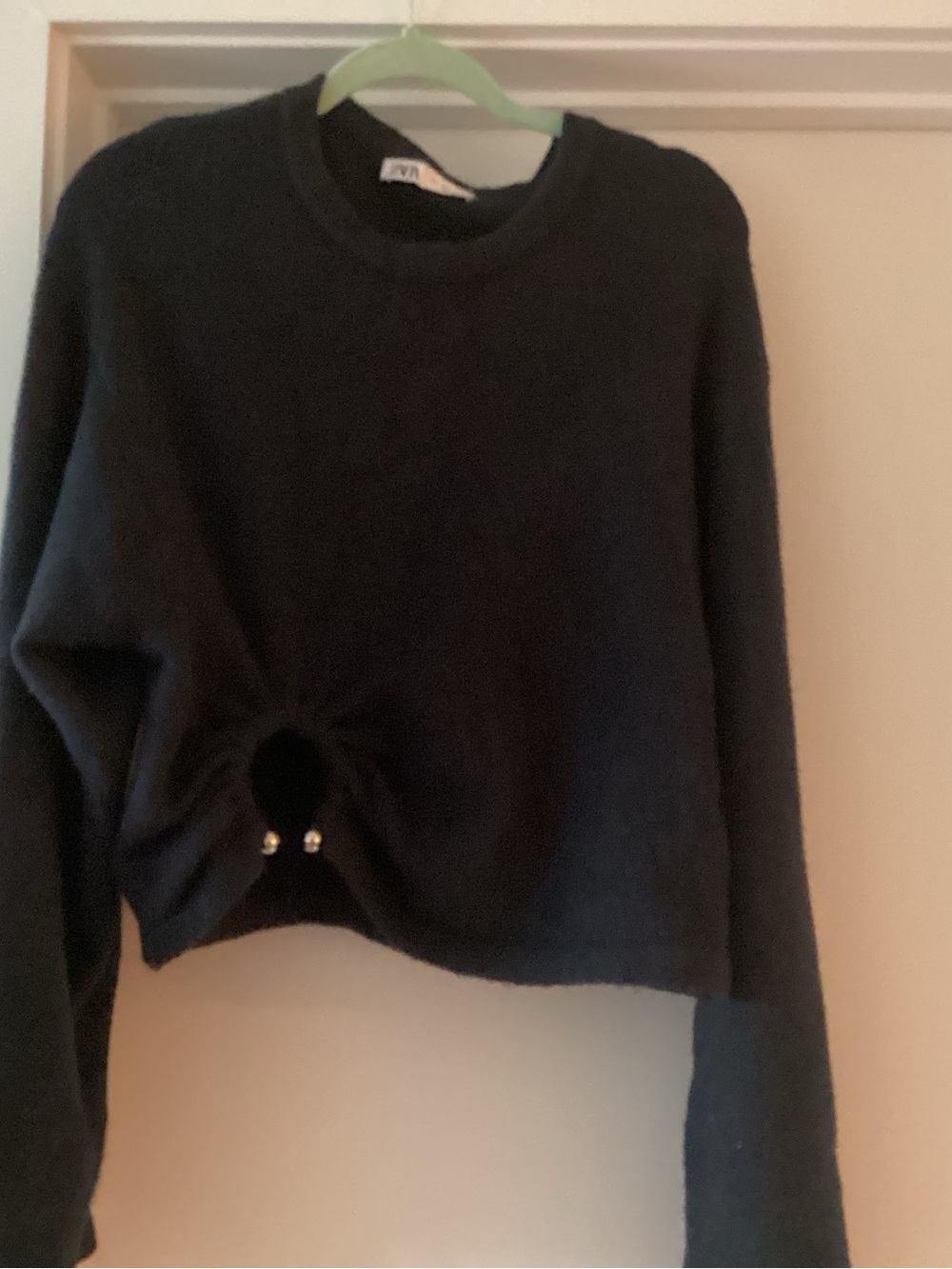 Zara Black Crewneck Sweater with Front Ring and Bead Detail